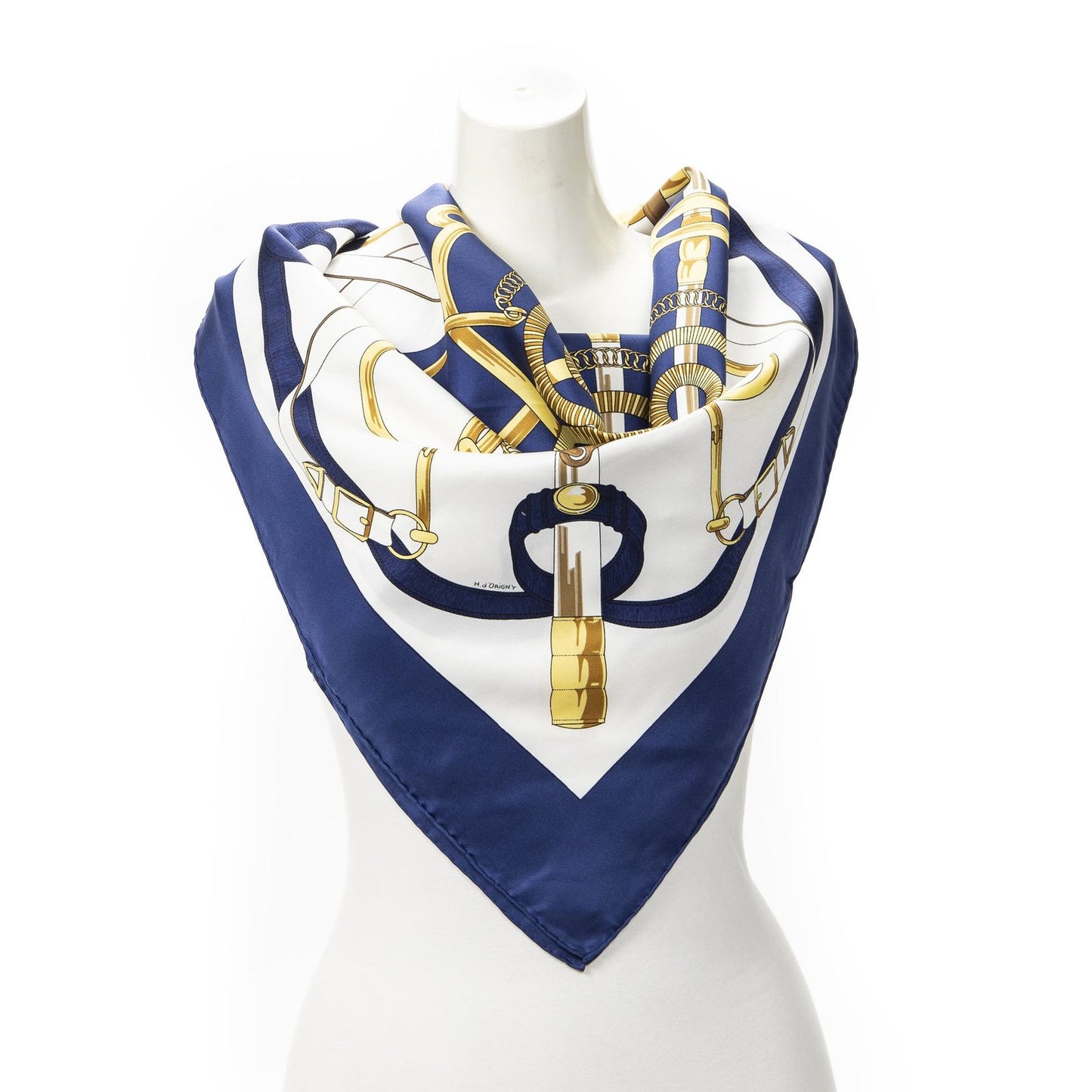 Hermes Scarf Navy Ivory Gold Silk
