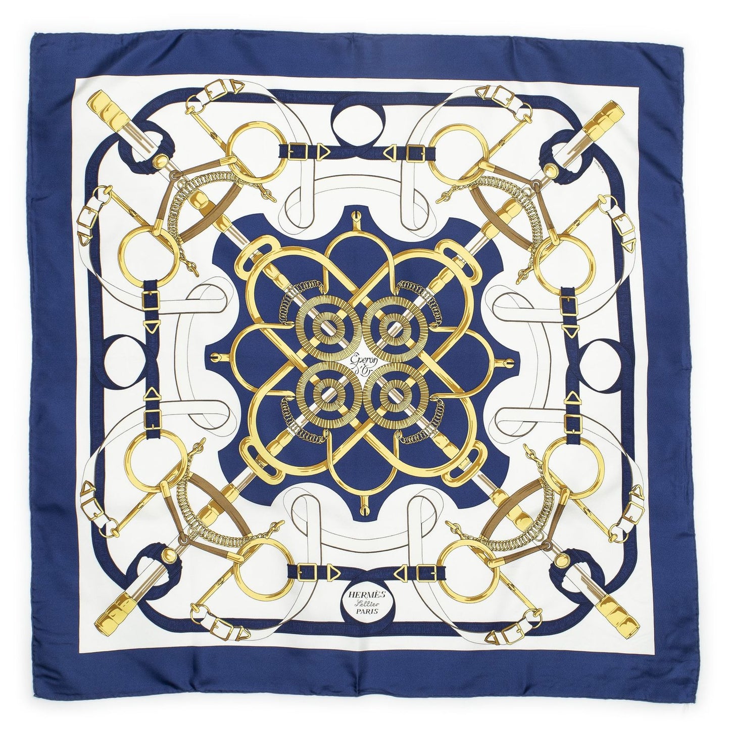 Hermes Scarf Navy Ivory Gold Silk — view 2