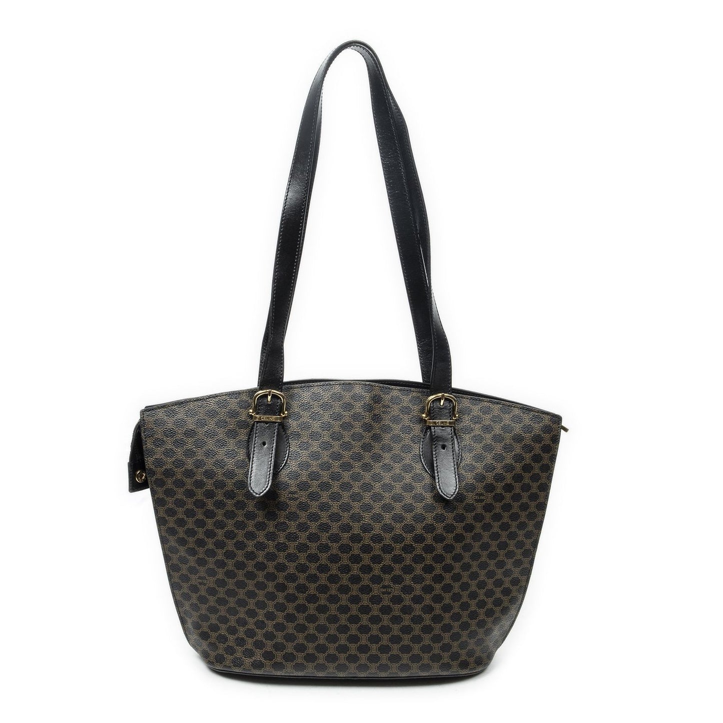 Celine Vintage Shoulder Zip Tote Black Brown Macadam Canvas — view 5
