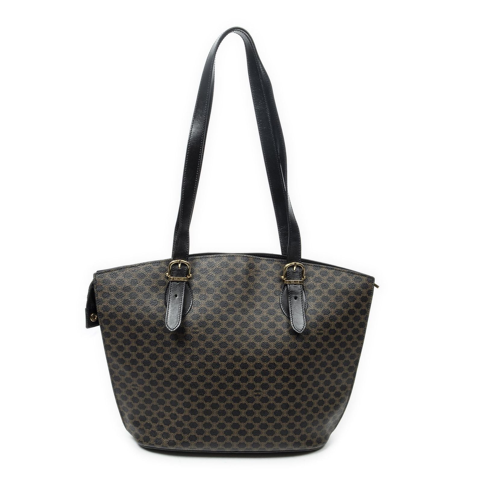 Celine Vintage Shoulder Zip Tote Black Brown Macadam Canvas — view 5