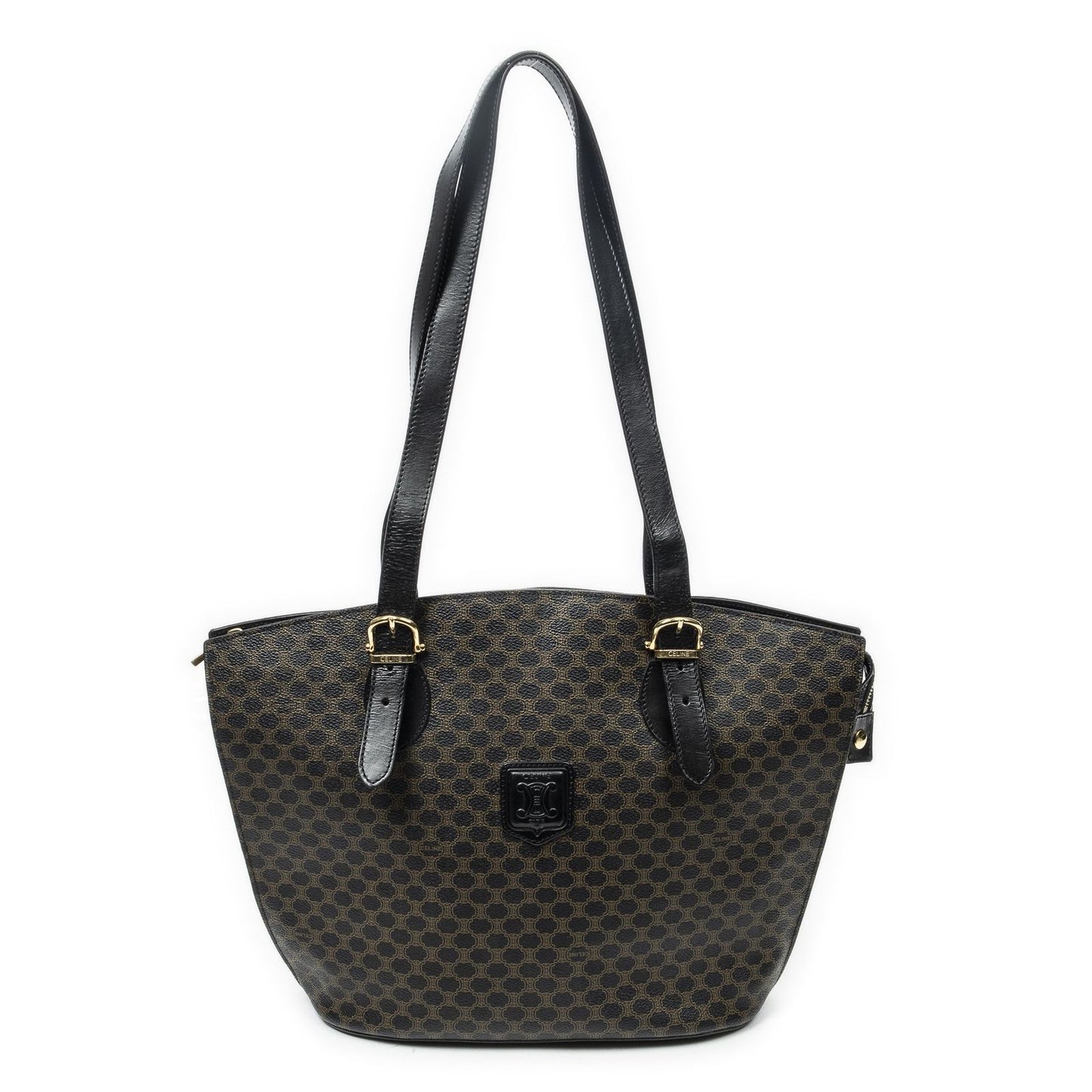 Celine Vintage Shoulder Zip Tote Black Brown Macadam Canvas