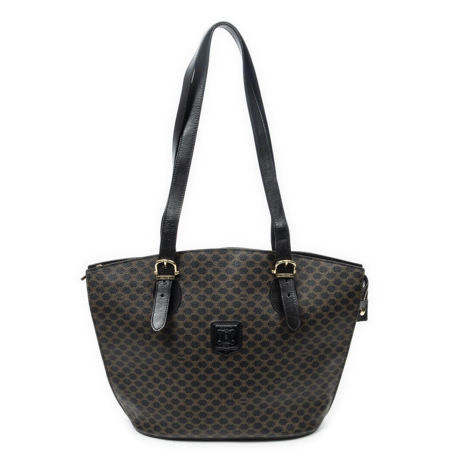 Celine Vintage Shoulder Zip Tote Black Brown Macadam Canvas