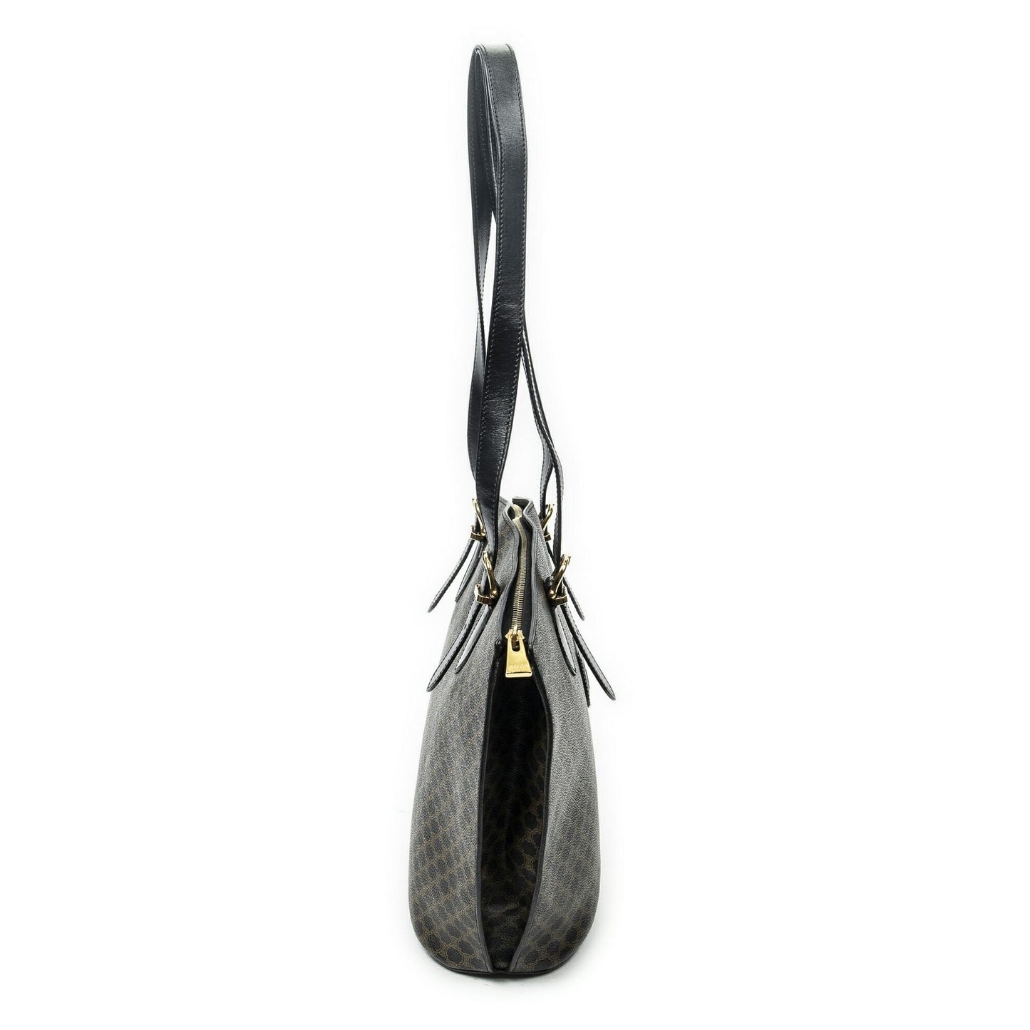 Celine Vintage Shoulder Zip Tote Black Brown Macadam Canvas — view 4