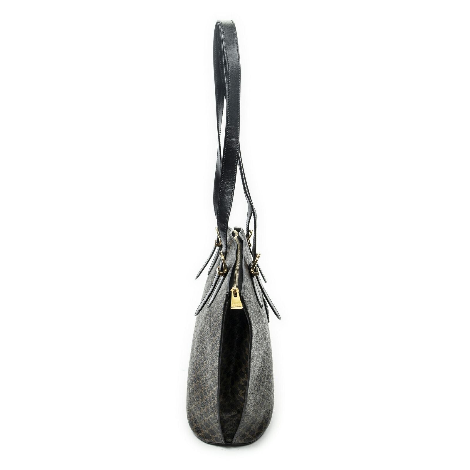 Celine Vintage Shoulder Zip Tote Black Brown Macadam Canvas — view 4