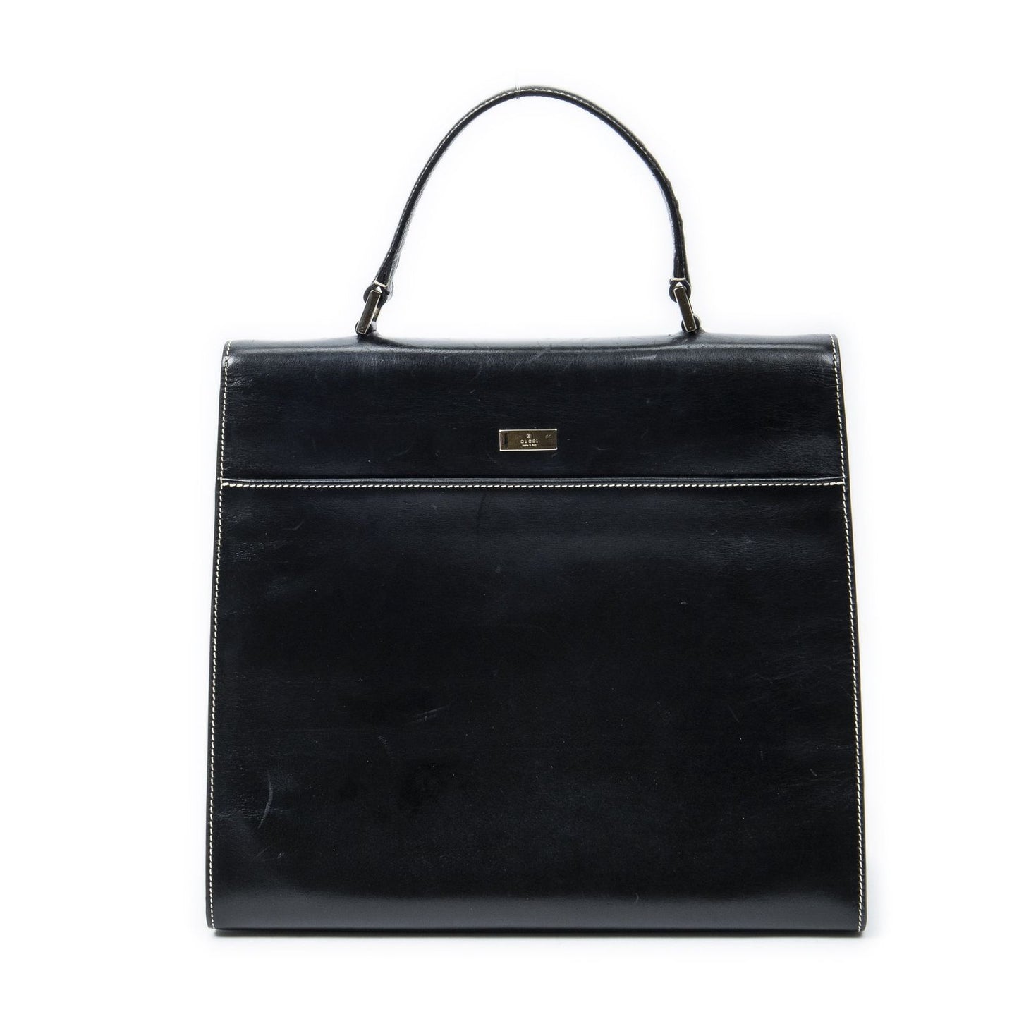 Gucci Vintage Push Lock Top Handle Black Smooth Scarf Skin Leather — view 5