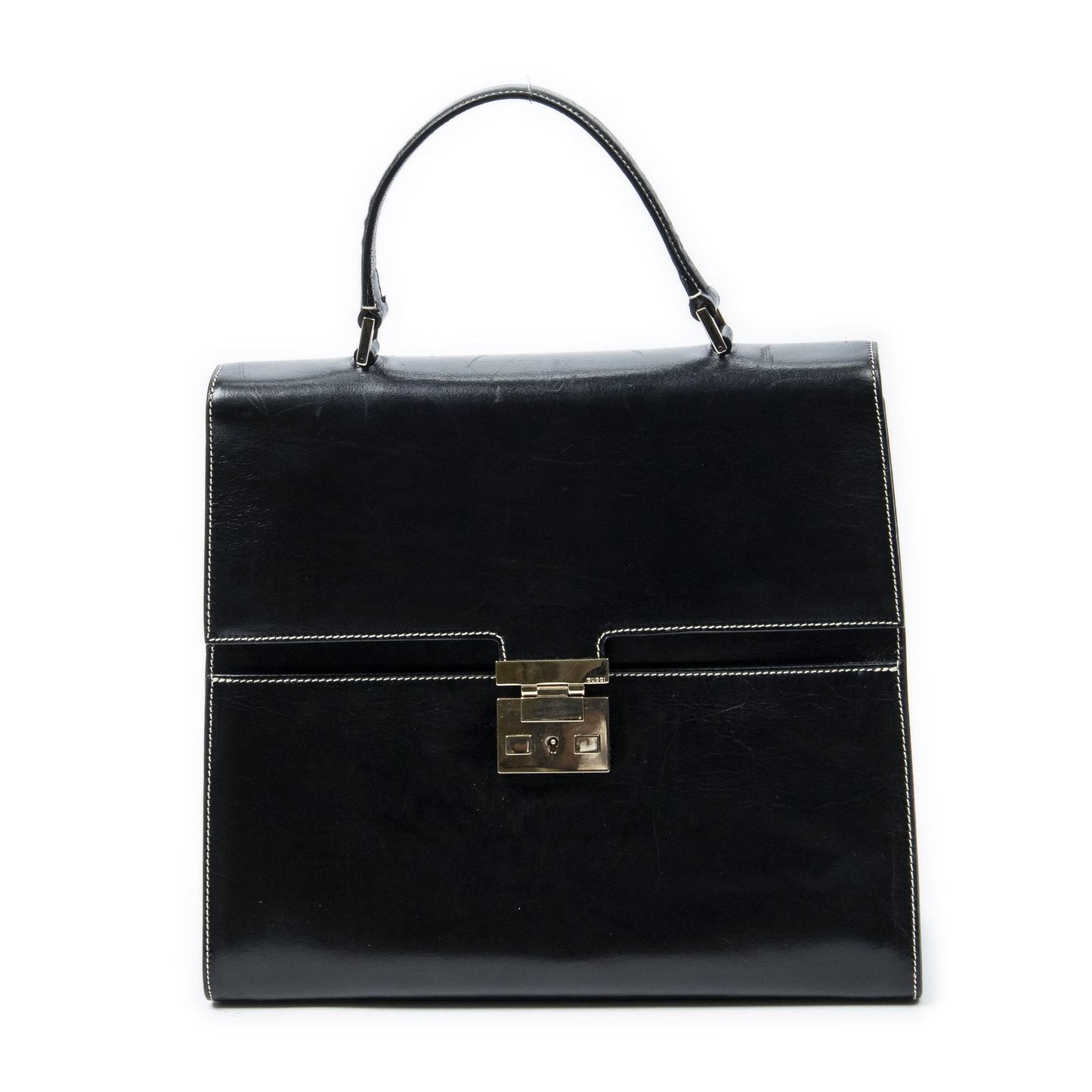 Gucci Vintage Push Lock Top Handle Black Smooth Scarf Skin Leather