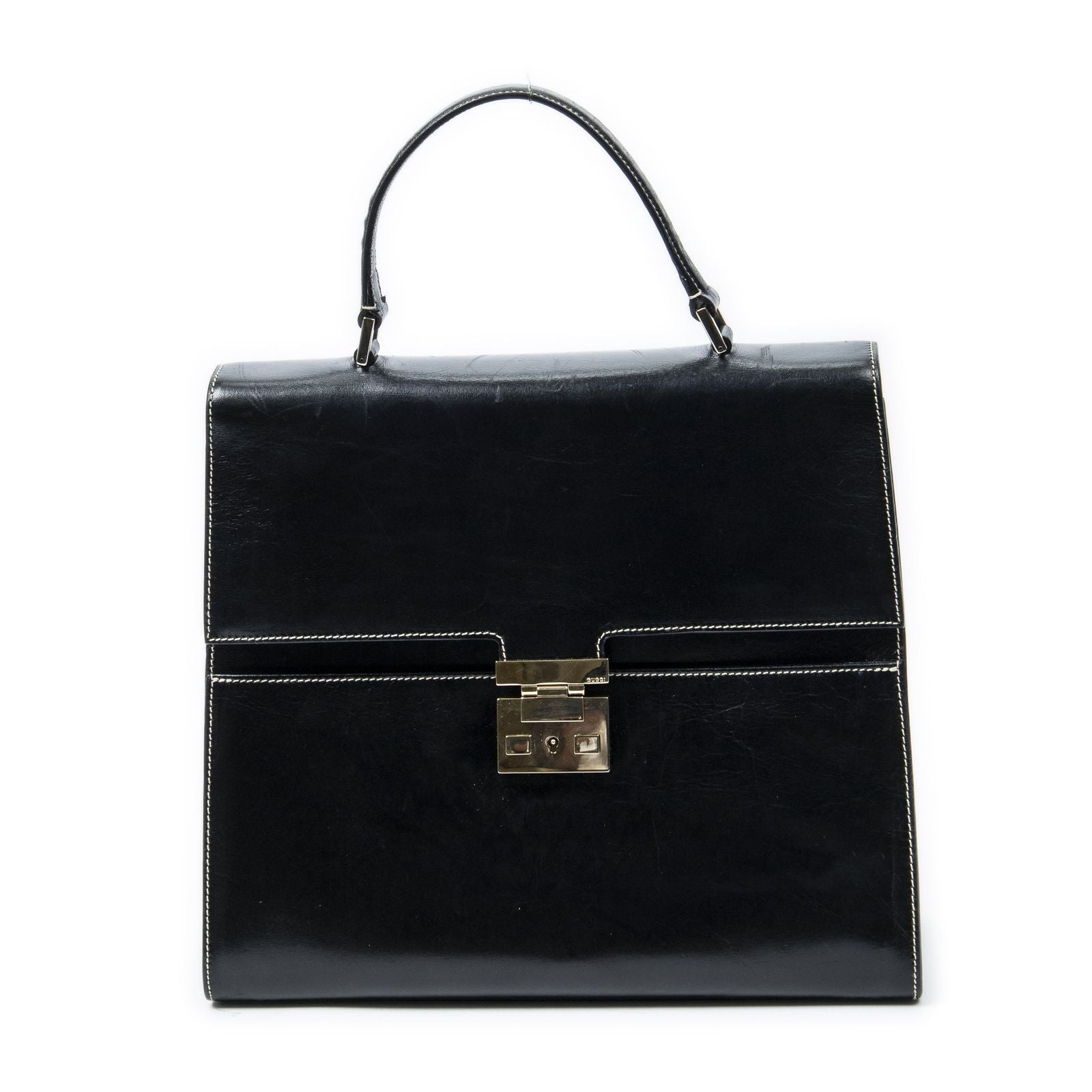 Gucci Vintage Push Lock Top Handle Black Smooth Scarf Skin Leather