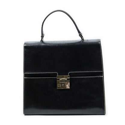 Gucci Vintage Push Lock Top Handle Black Smooth Scarf Skin Leather