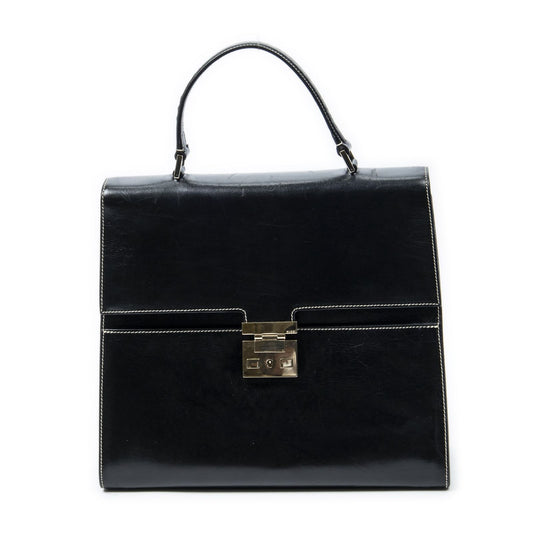 Gucci Vintage Push Lock Top Handle Black Smooth Scarf Skin Leather