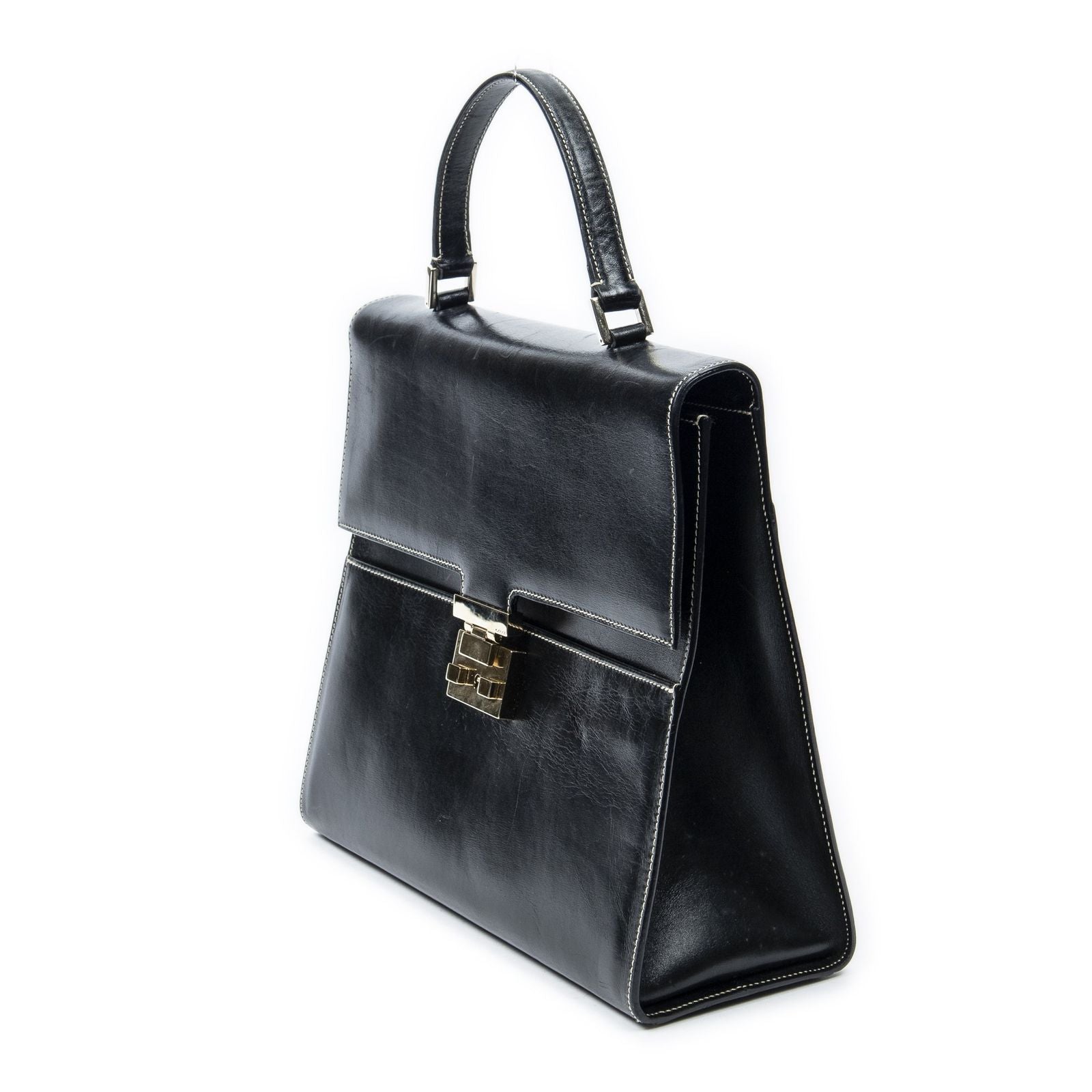 Gucci Vintage Push Lock Top Handle Black Smooth Scarf Skin Leather — view 2