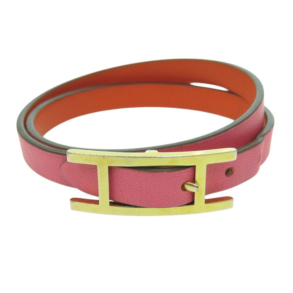 Hermes Behapi Double Tour Veau Swift Rose Azalea Orange Poppy Pink 2 Bracelet