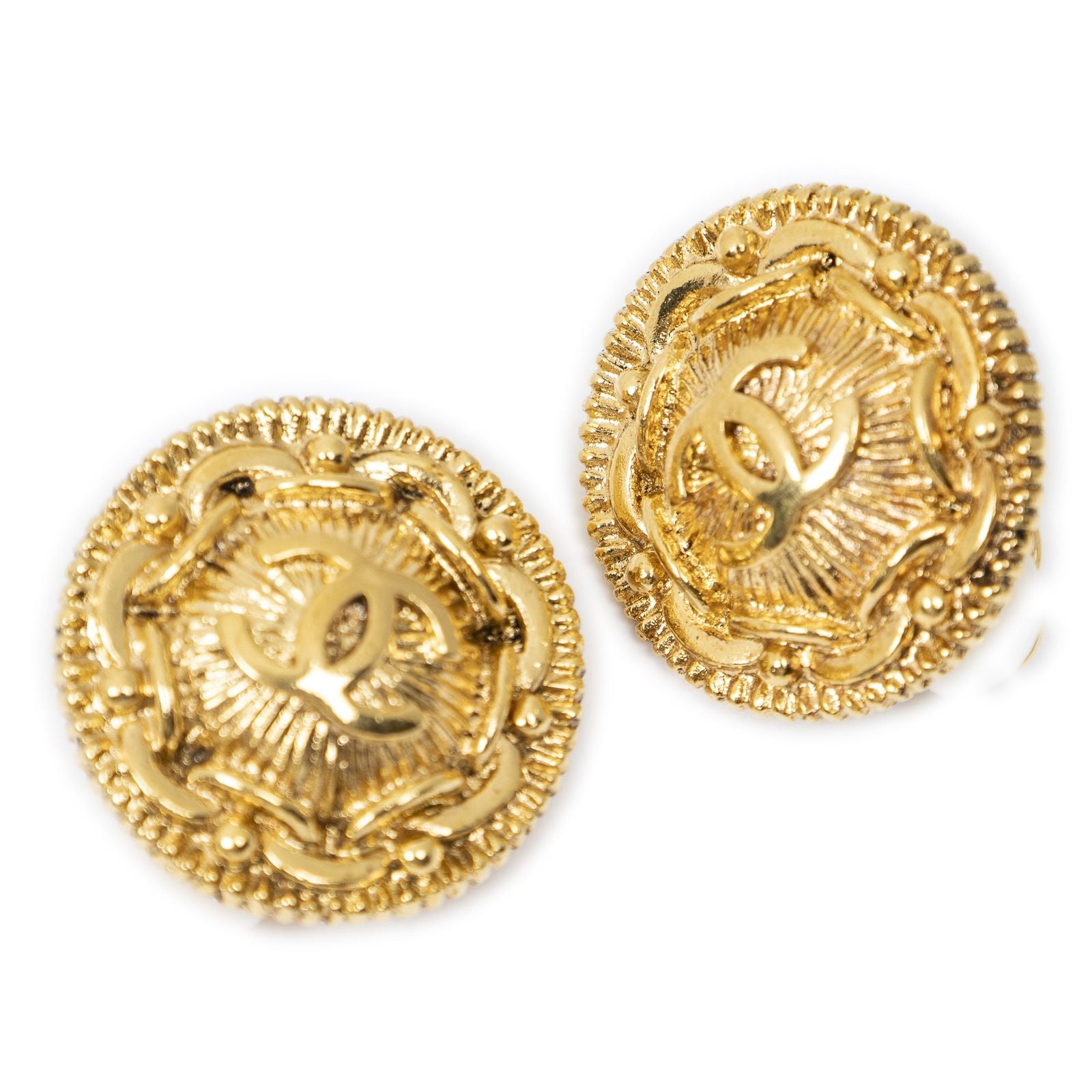 Chanel CC Logo Round Clip Type Earrings Gold Plated