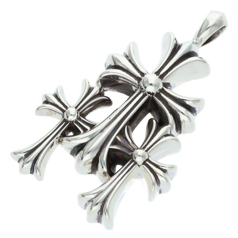 Chrome Hearts 3 CH Crs Sml Triple CH Cross Small Silver Necklace Top