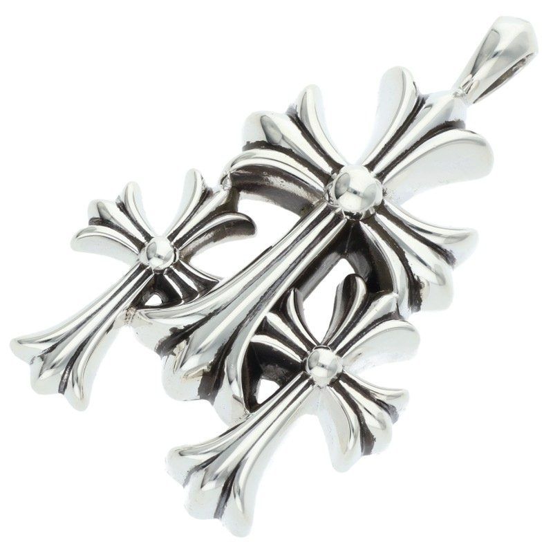 Chrome Hearts 3 CH Crs Sml Triple CH Cross Small Silver Necklace Top