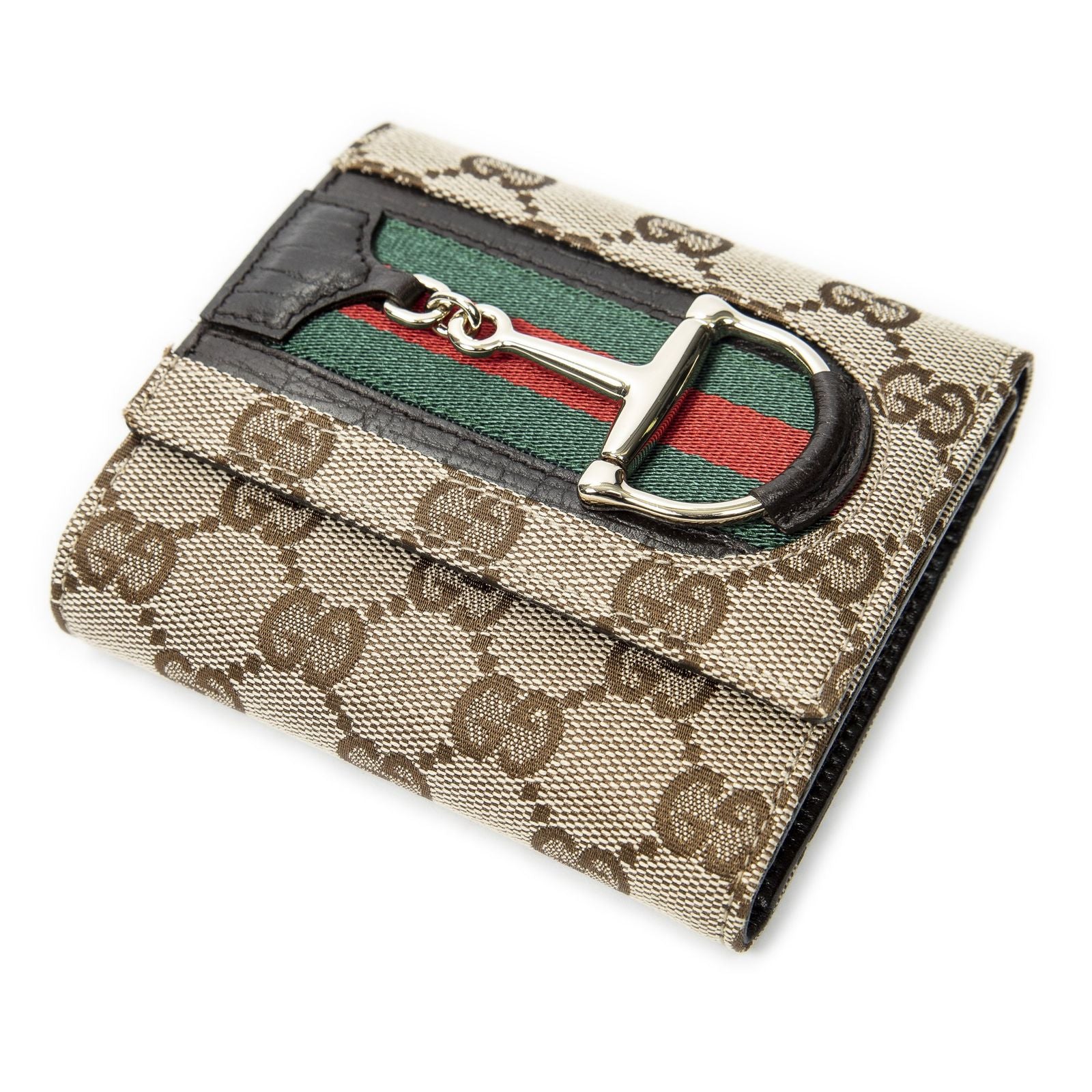 Gucci Horsebit Trifold Wallet Beige Brown GG Canvas