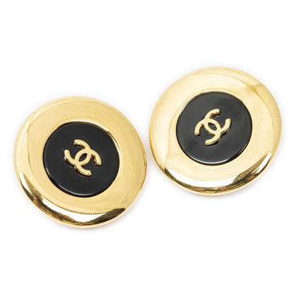 Chanel CC Logo Clip Type Earrings Black Gold Plated