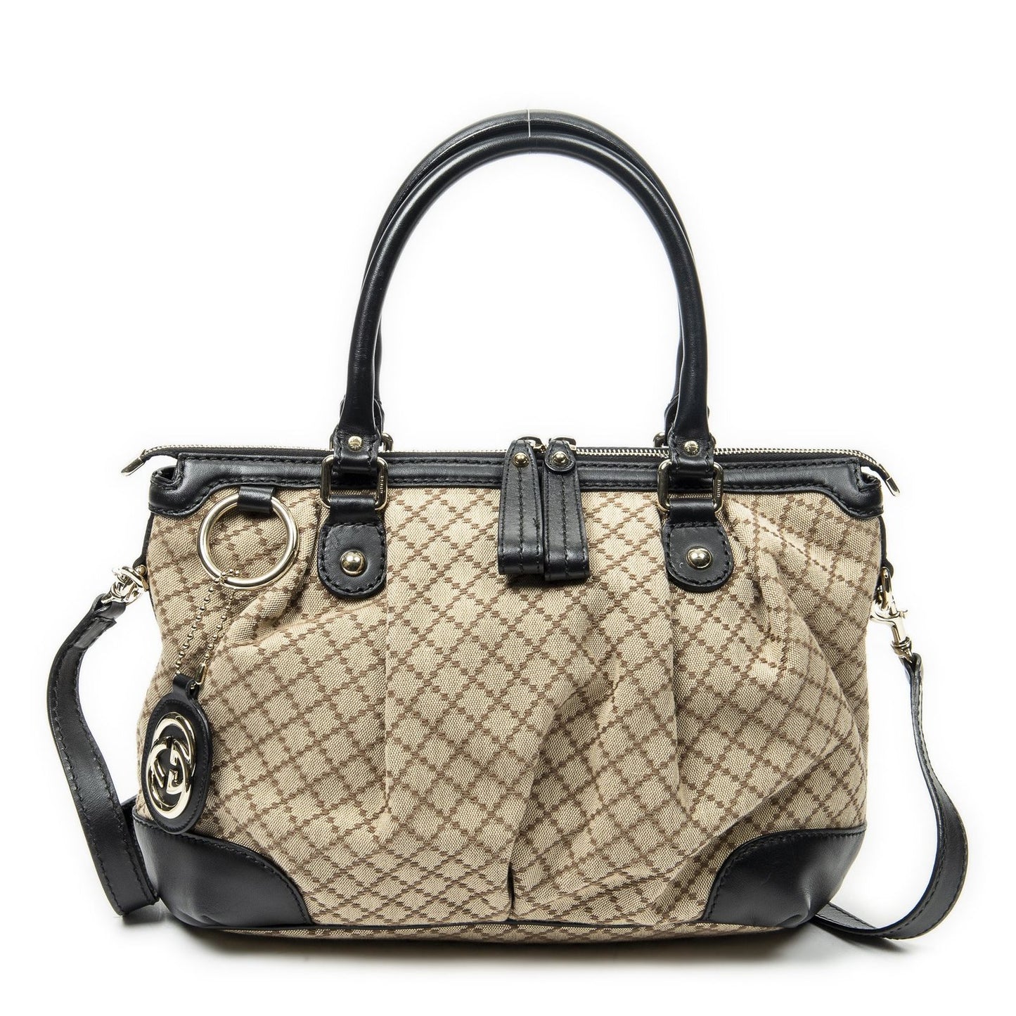 Gucci Sukey Top Handle Beige Black Diamante Canvas