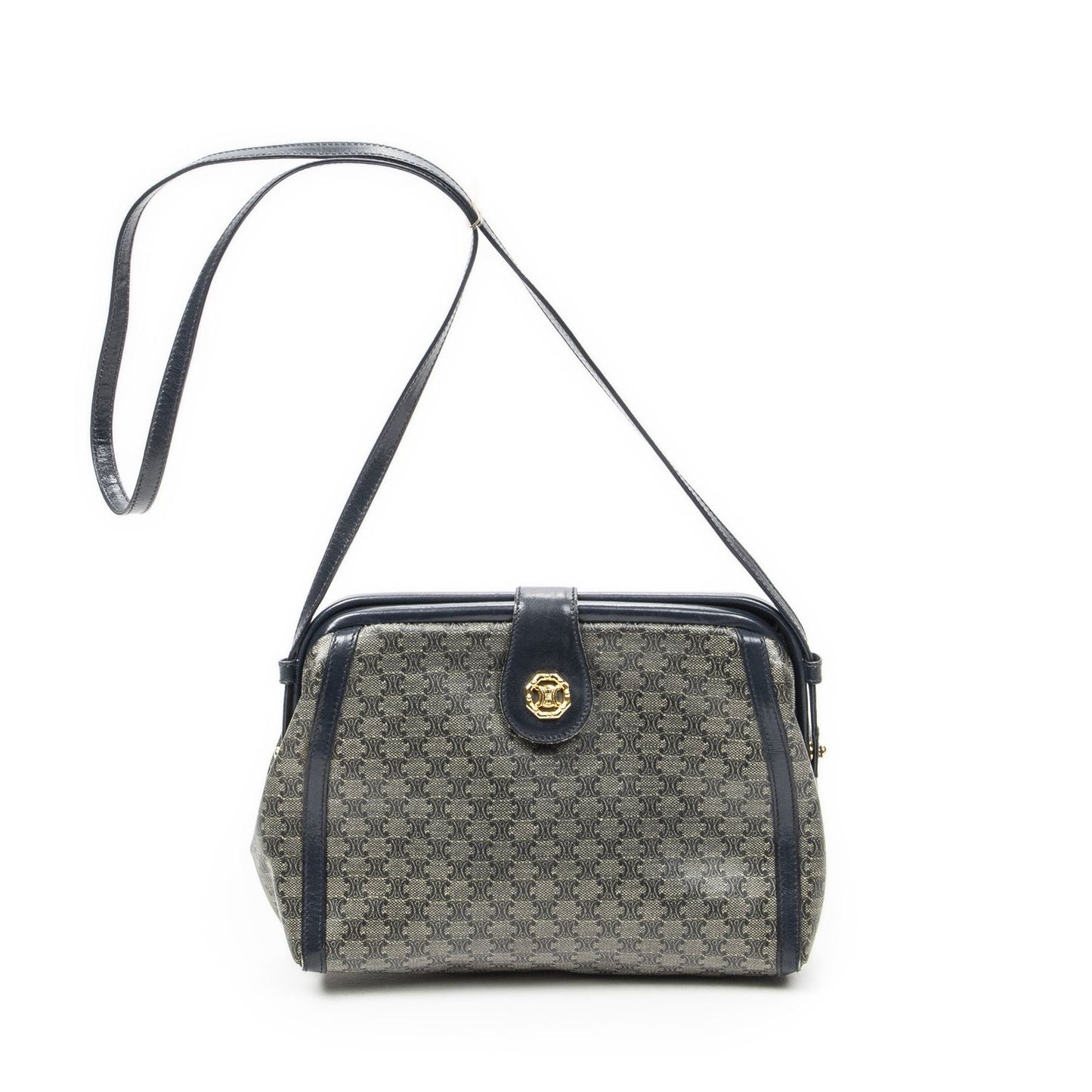 Celine Vintage Flap Crossbody Navy Beige Macadam Canvas