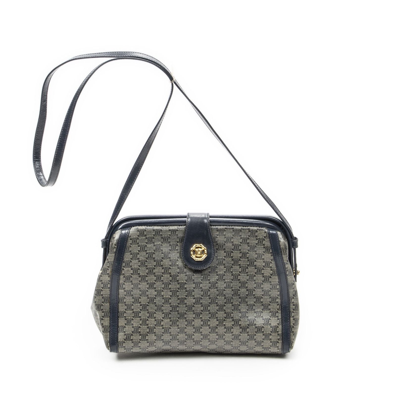 Celine Vintage Flap Crossbody Navy Beige Macadam Canvas