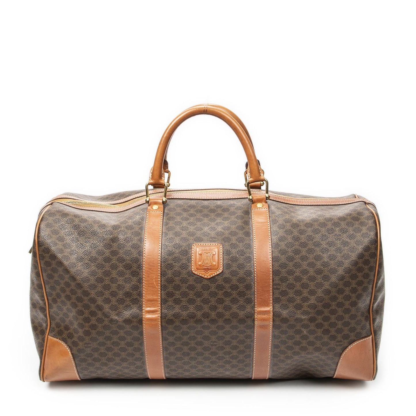 Celine Vintage Large Travel Boston Brown Macadam Canvas Shoulder Bag