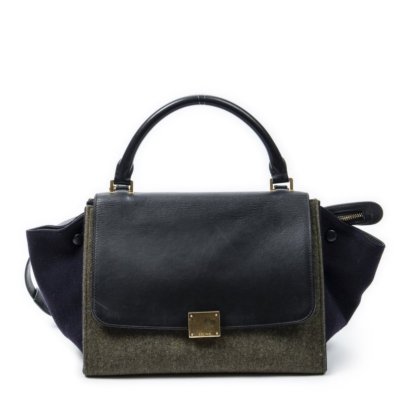 Celine Small Tricolor Trapeze Green Black Navy Felt Canvas Messenger Bag
