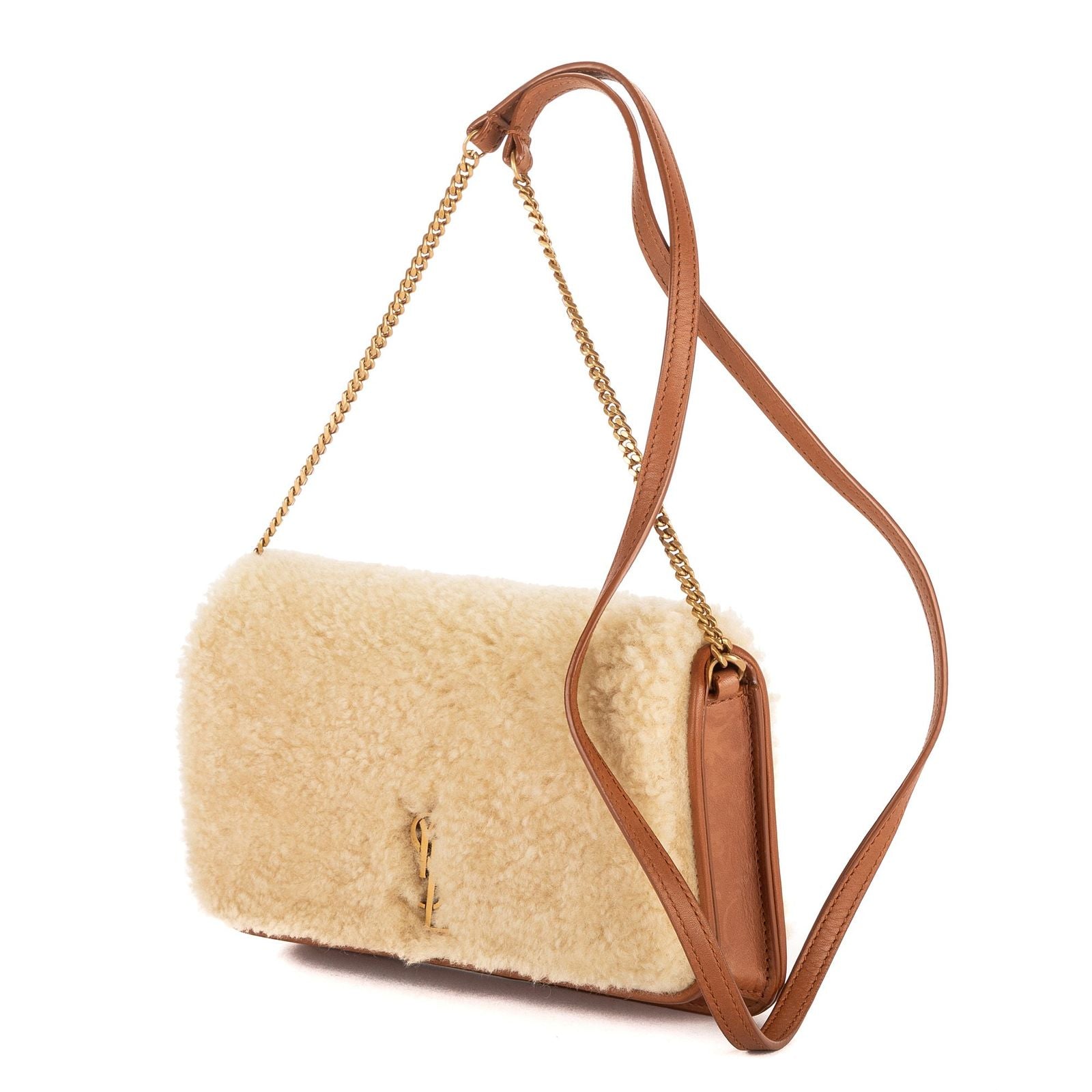 Saint Laurent Yves Lou Shearling Pochette Beige Brown Sheep Fur Pouch — view 2
