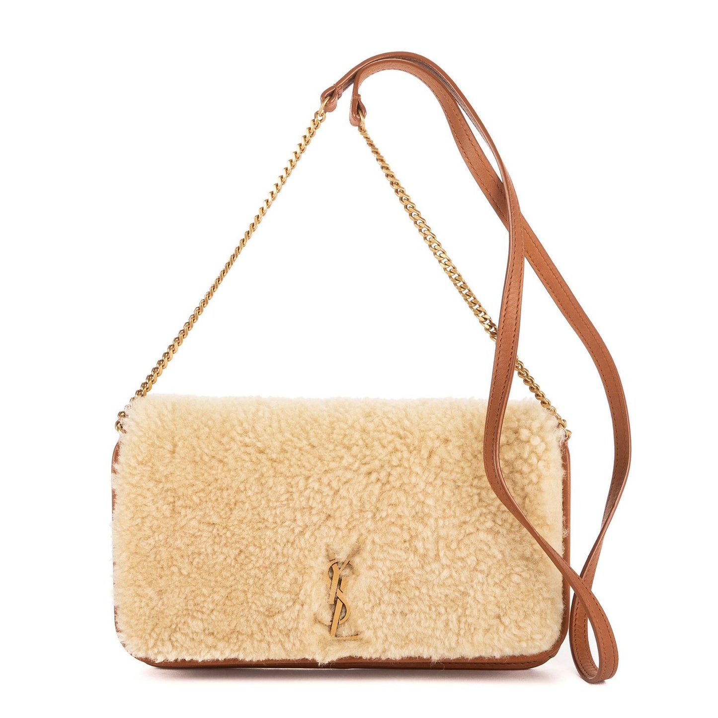 Saint Laurent Yves Lou Shearling Pochette Beige Brown Sheep Fur Pouch