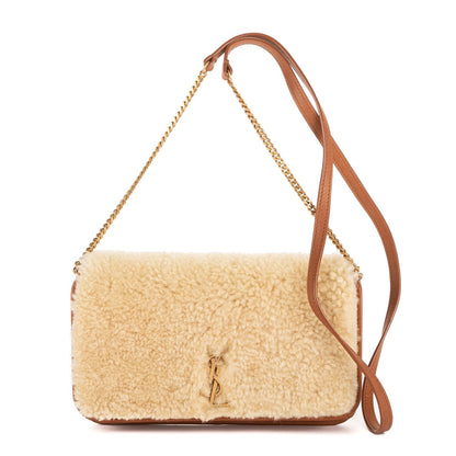 Saint Laurent Yves Lou Shearling Pochette Beige Brown Sheep Fur Pouch