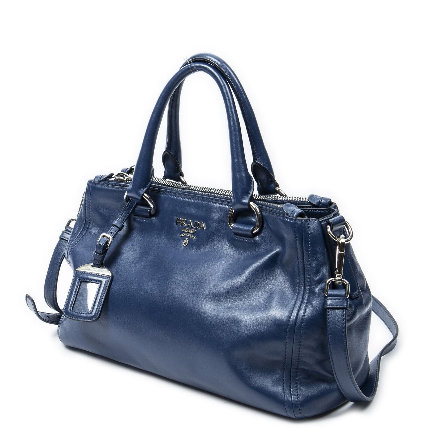 Prada Zip Pocket Shopping Tote Blue Soft Calfskin Leather — view 2