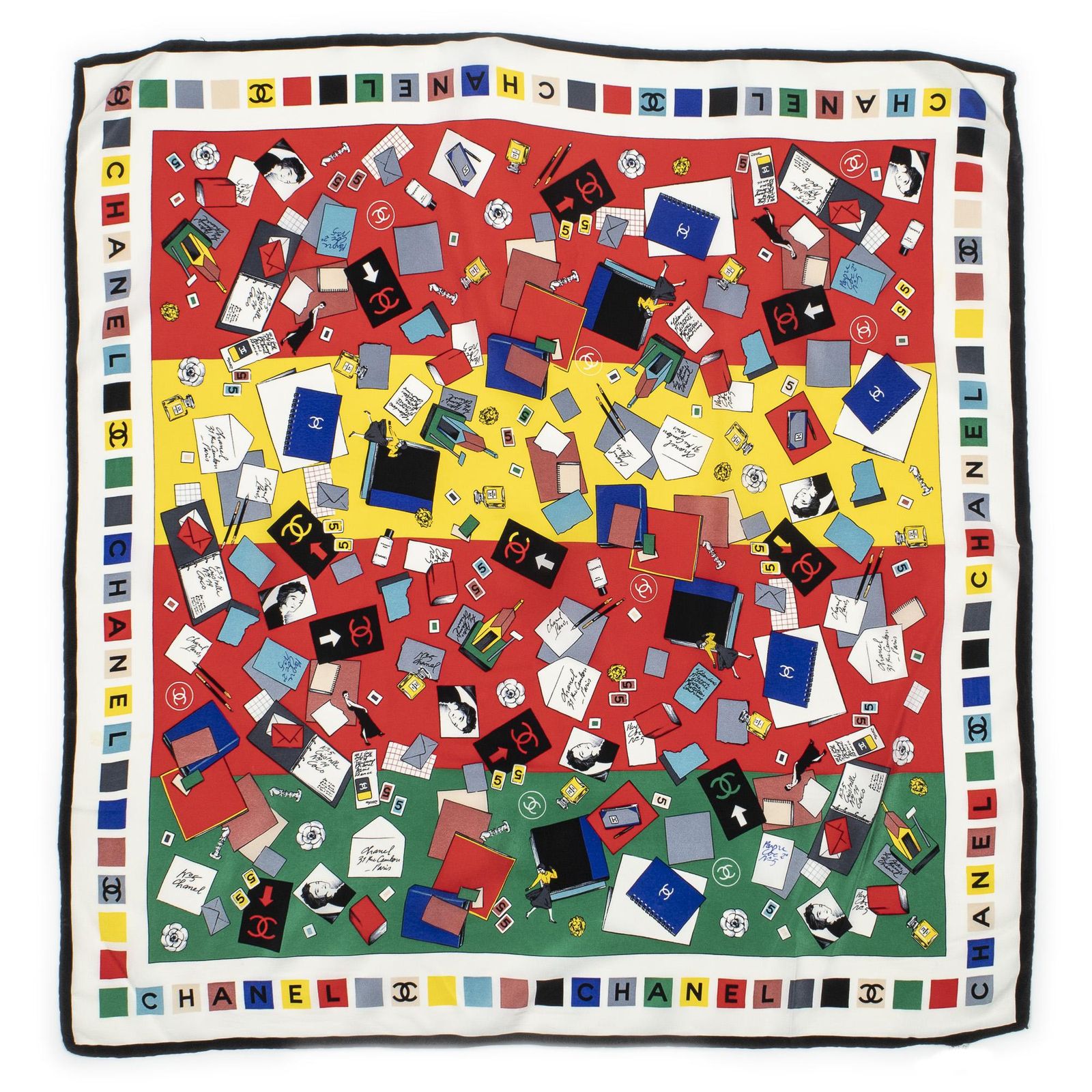 Chanel Scarf Red Ivory Green Silk — view 2