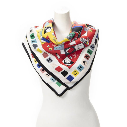 Chanel Scarf Red Ivory Green Silk