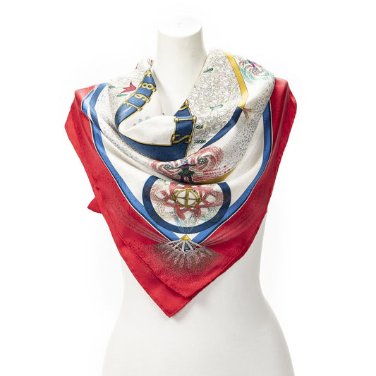 Hermes Scarf Red Ivory Blue 100% Jacquard Silk