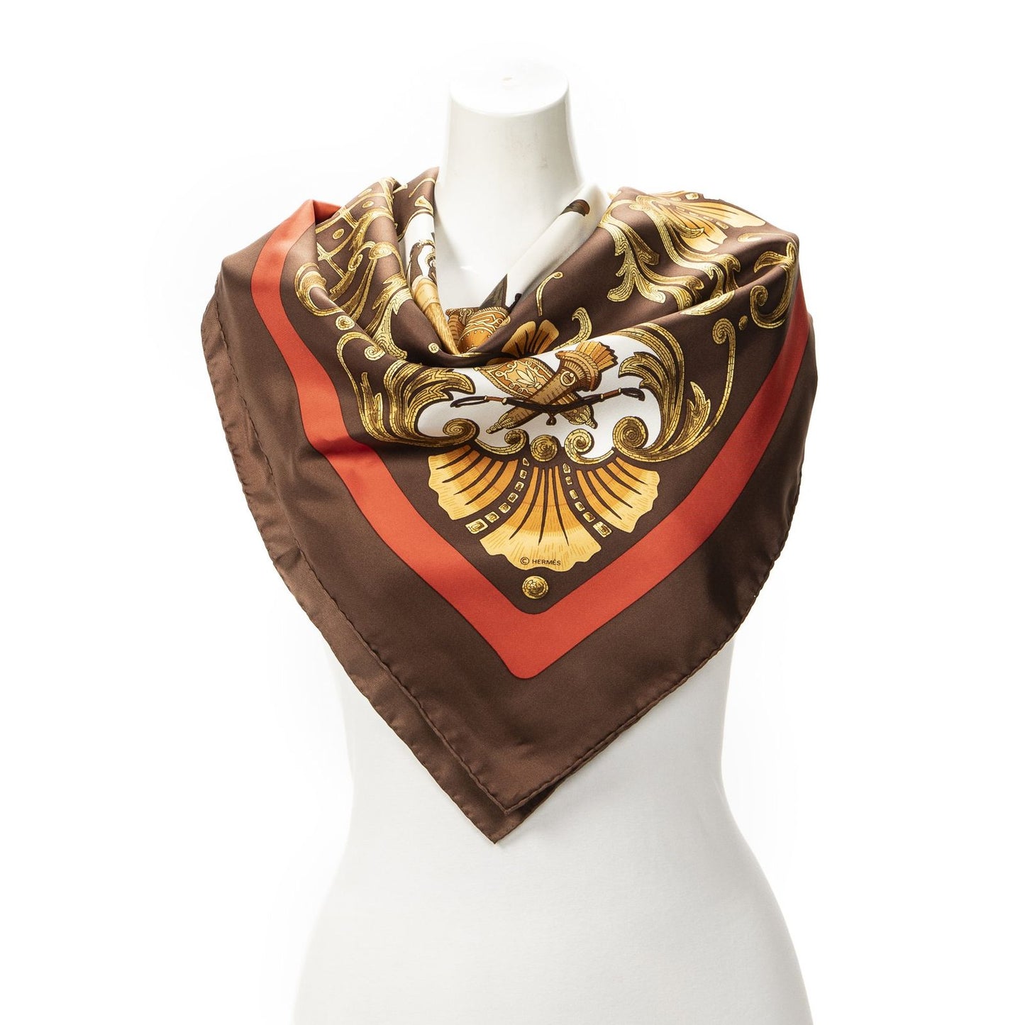 Hermes Scarf Brown Gold Red Silk