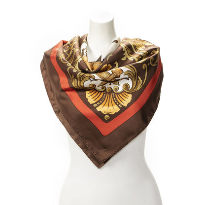 Hermes Scarf Brown Gold Red Silk