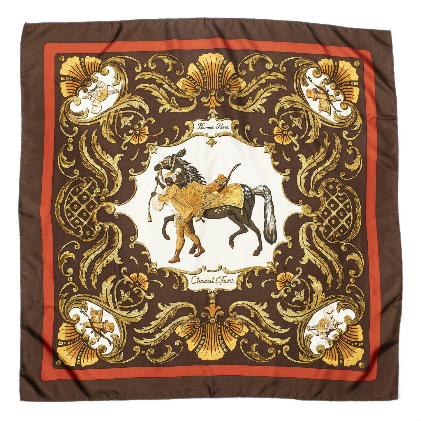 Hermes Scarf Brown Gold Red Silk — view 2