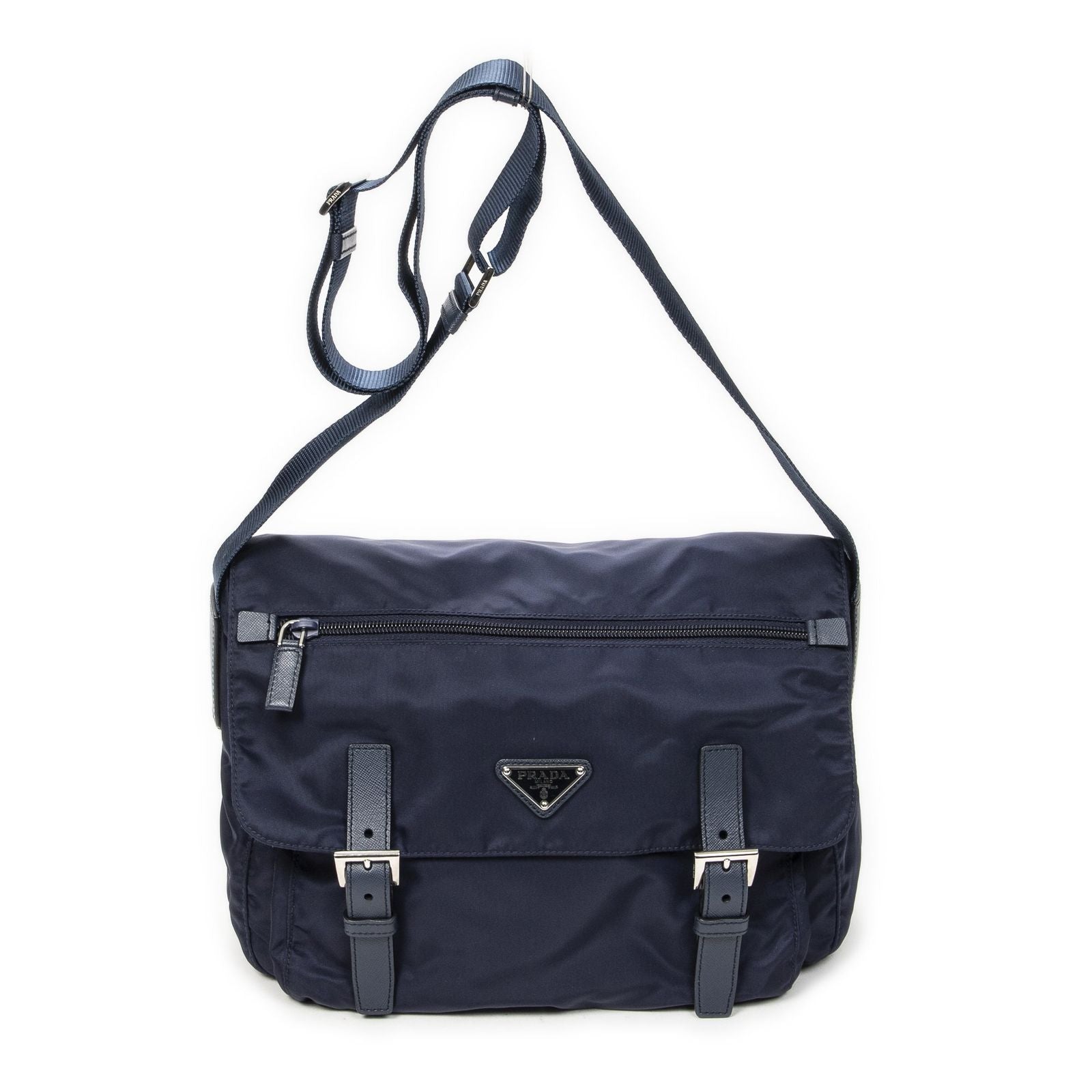 Prada Double Buckle Flap Messenger Bag Navy Nylon Canvas
