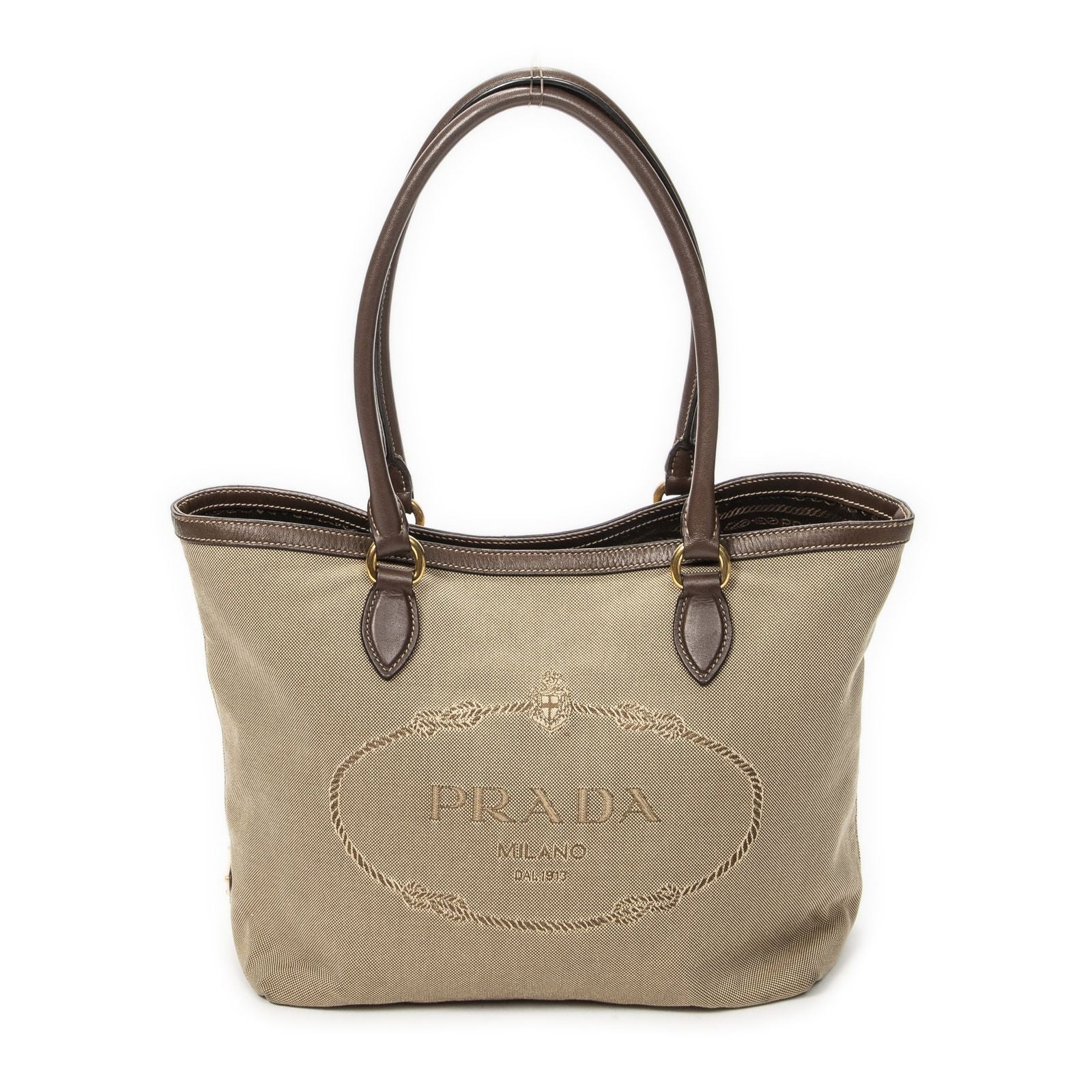 Prada Tote Beige Brown Jaca Dog Canvas