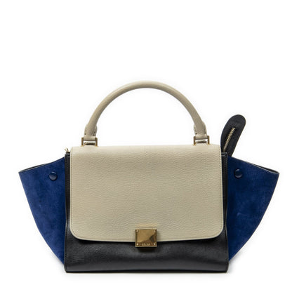 Celine Small Tricolor Trapeze Black Beige Royal Blue Calfskin Leather Messenger