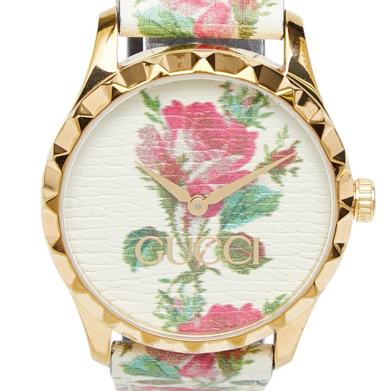 Gucci Timeless Flower Watch 126.4 Gold Multicolor Stainless Steel Leather