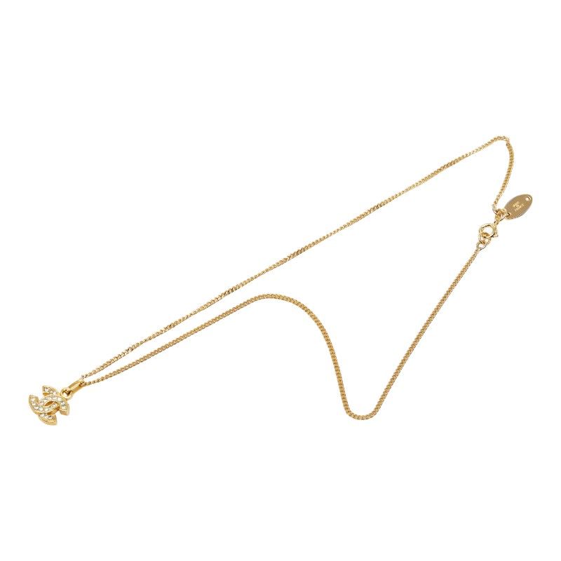 Chanel CC Logo Vintage Chain Pendant Necklace Gold Plated Line Stone — view 4