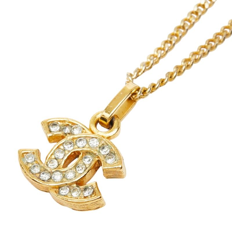 Chanel CC Logo Vintage Chain Pendant Necklace Gold Plated Line Stone