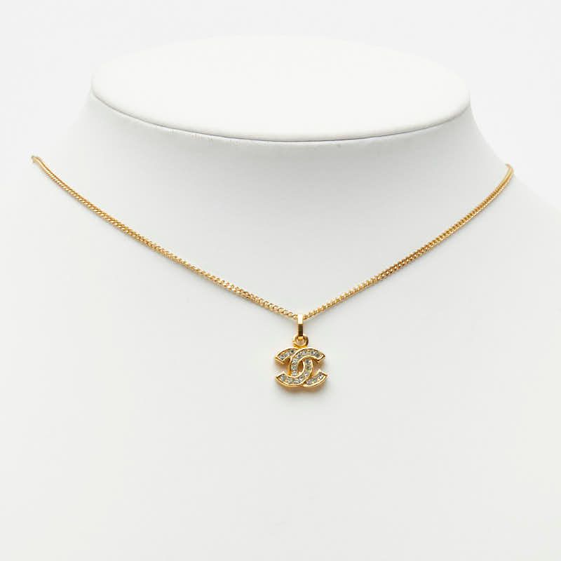 Chanel CC Logo Vintage Chain Pendant Necklace Gold Plated Line Stone — view 7