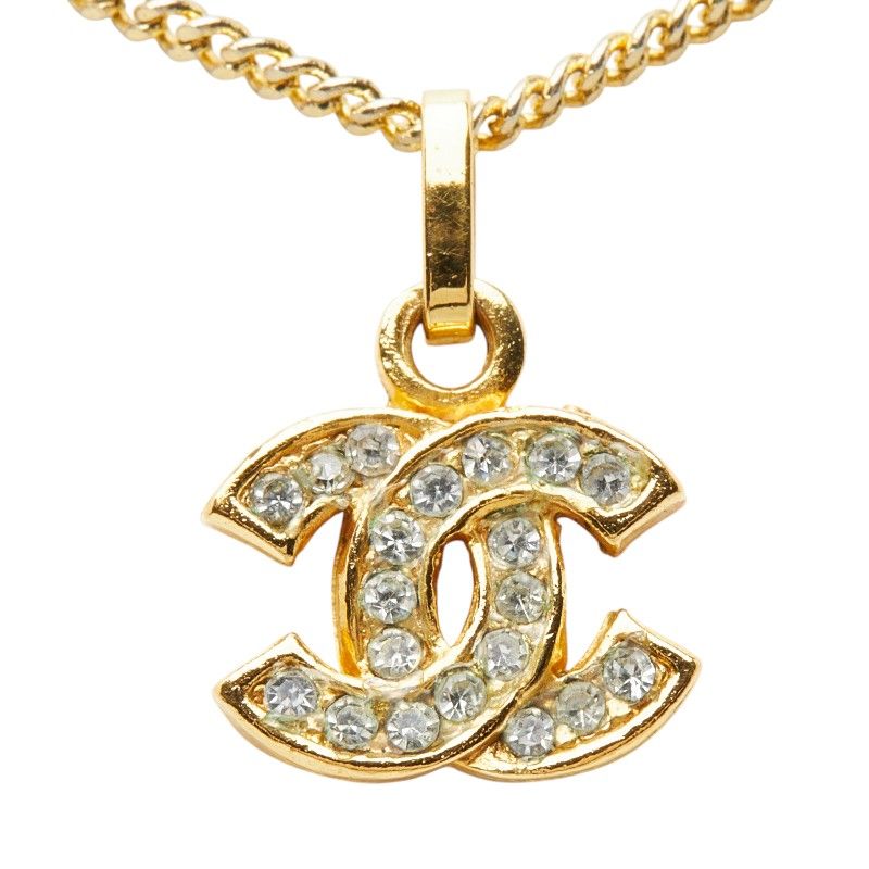 Chanel CC Logo Vintage Chain Pendant Necklace Gold Plated Line Stone — view 2
