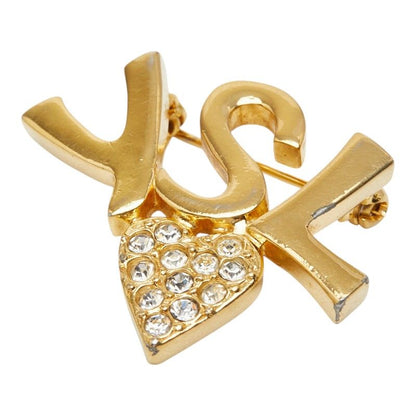 Saint Laurent Logo Heart Brooch Gold Line Stone Plated