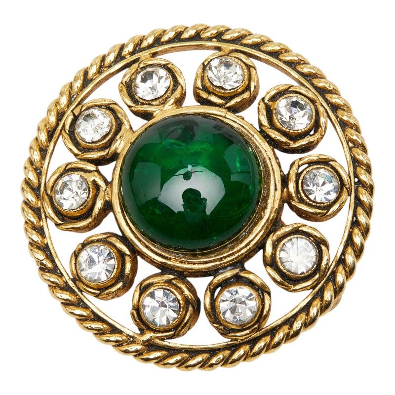 Chanel Brooch Gold Green Line Stone Plated