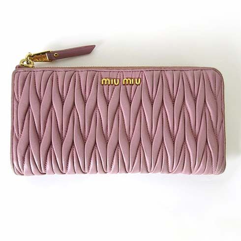 Miu Miu Miu Wallet Matelasse L-shaped Zipper Leather Dusty Pink Dull