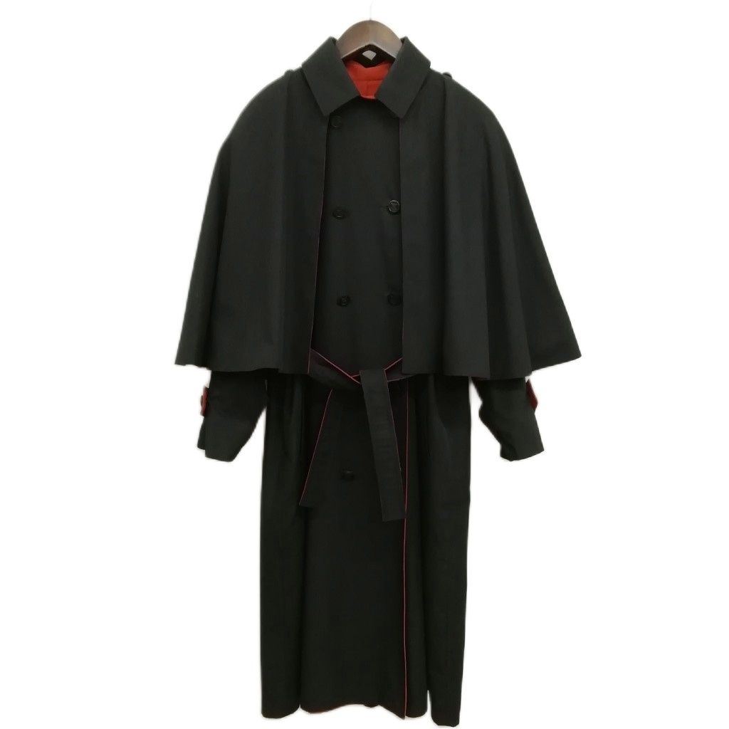 Celine Vintage Caped Trench Coat Overcoat Macadam Leather Button Black Brown