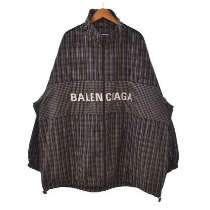 Balenciaga Poplin Check Track Jacket Logo Embroidery Pattern High Neck 44 Black