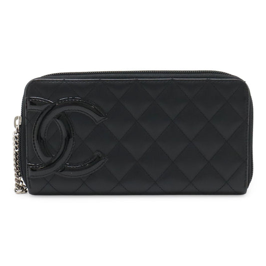 Chanel Cambon Line CC Logo Zip Around Wallet Soft Calf Leather Enamel Black Pink
