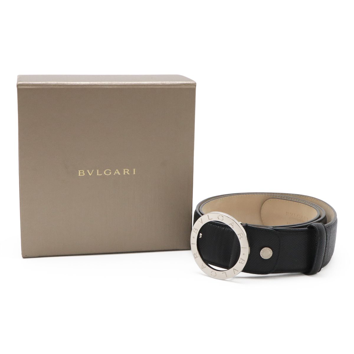 Bvlgari Belt Round Logo Buckle Gray Leather Black Silver 110 Actual 87.5 cm Cut — view 9
